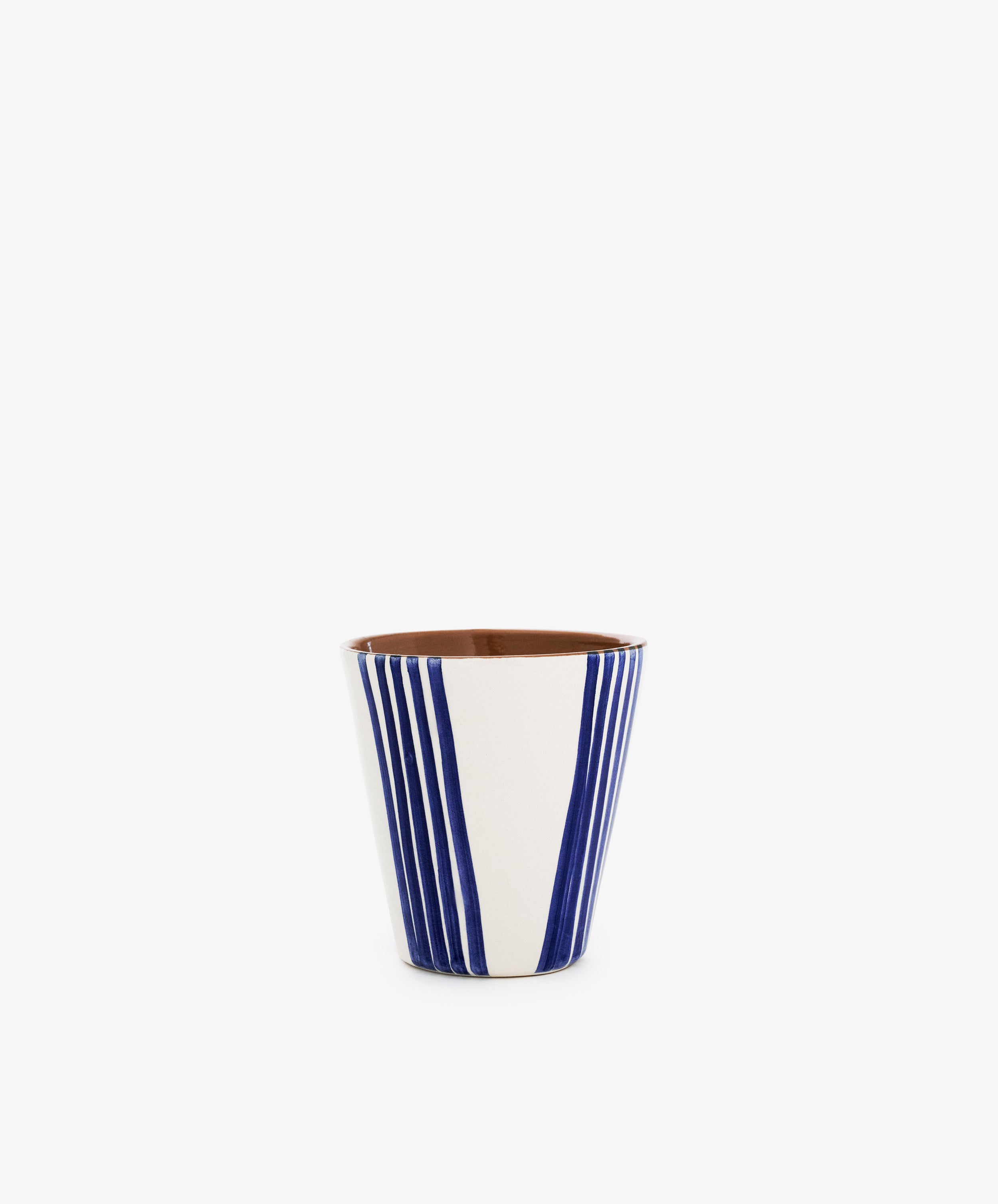 The Lula Cup, Set of 6, features handmade pottery cups with brown interiors and white exteriors accented by vertical blue stripes, displayed against a plain white background.