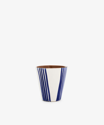 The Lula Cup, Set of 6, features handmade pottery cups with brown interiors and white exteriors accented by vertical blue stripes, displayed against a plain white background.