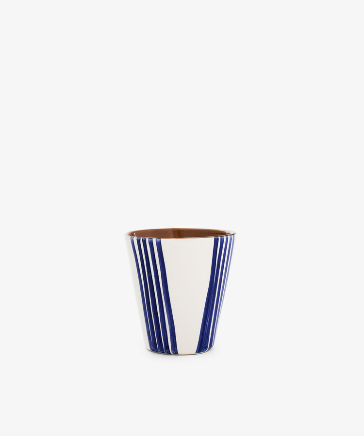 The Lula Cup, Set of 6, features handmade pottery cups with brown interiors and white exteriors accented by vertical blue stripes, displayed against a plain white background.