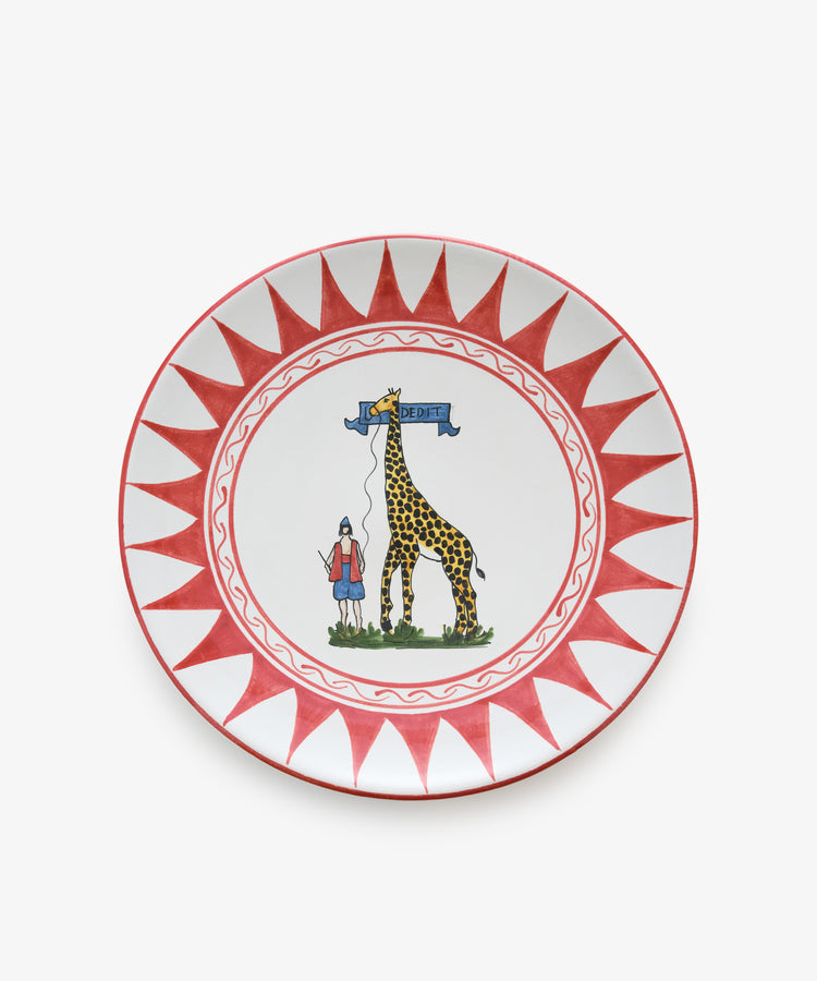 Palio Round Serving Platter. Large white glazed ceramic plate with red accents and giraffe motif. 