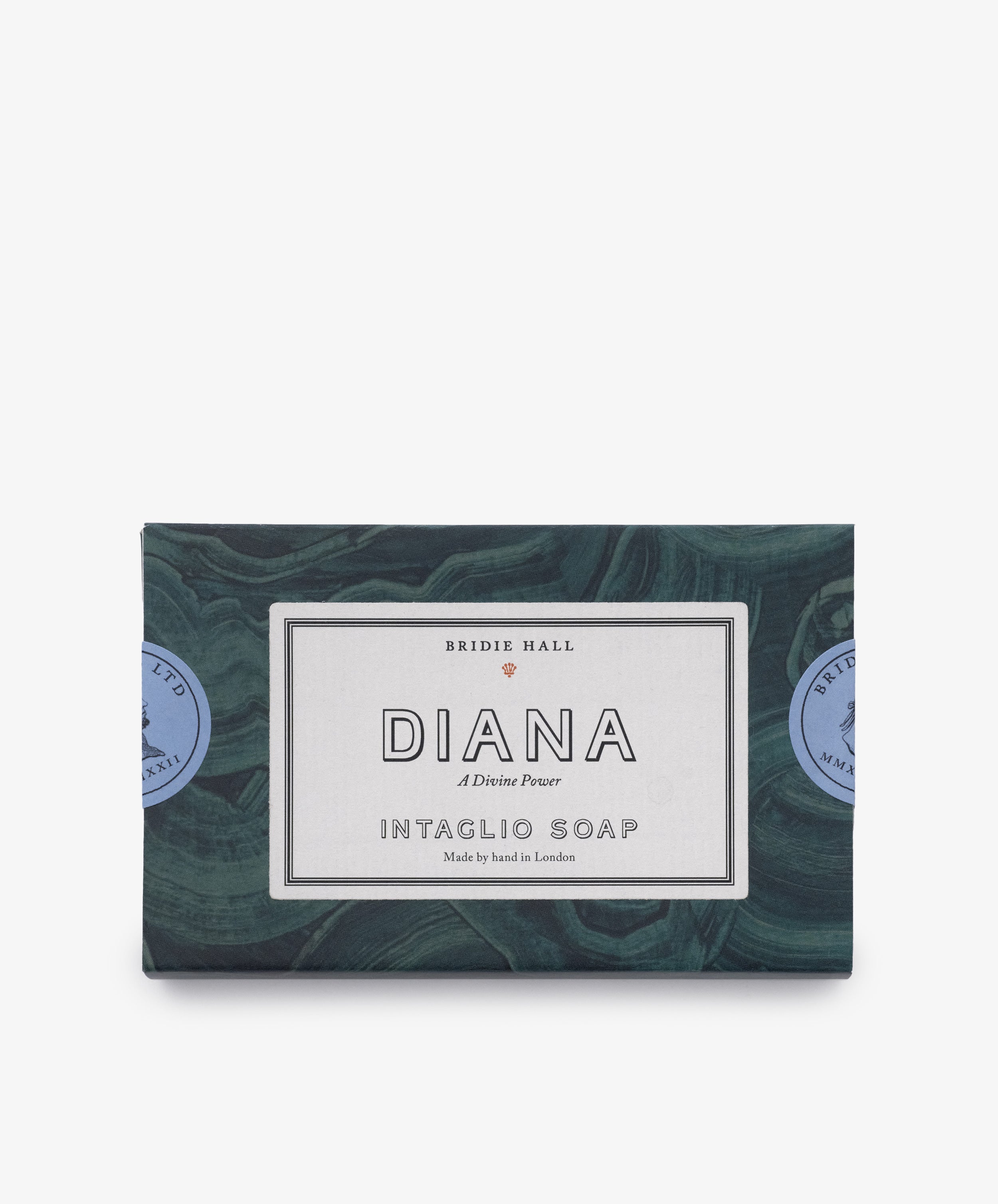 A set of two rectangular green neoclassical Diana Soap bars, each featuring a white Bridie Hall Diana Intaglio label and two blue circular seals on the sides.
