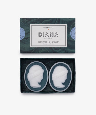 The Diana Soap, Set of 2, features two oval neoclassical soaps with a raised woman's profile in classical style—an elegant addition to any luxury bathroom.
