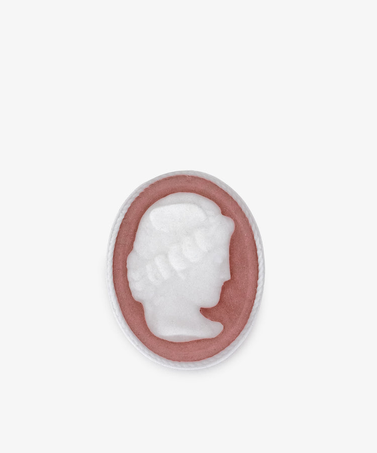 Oval cameo brooch with a raised white woman's profile on pink, set in a white border—echoing the refined style of Diana Soap, Set of 2.