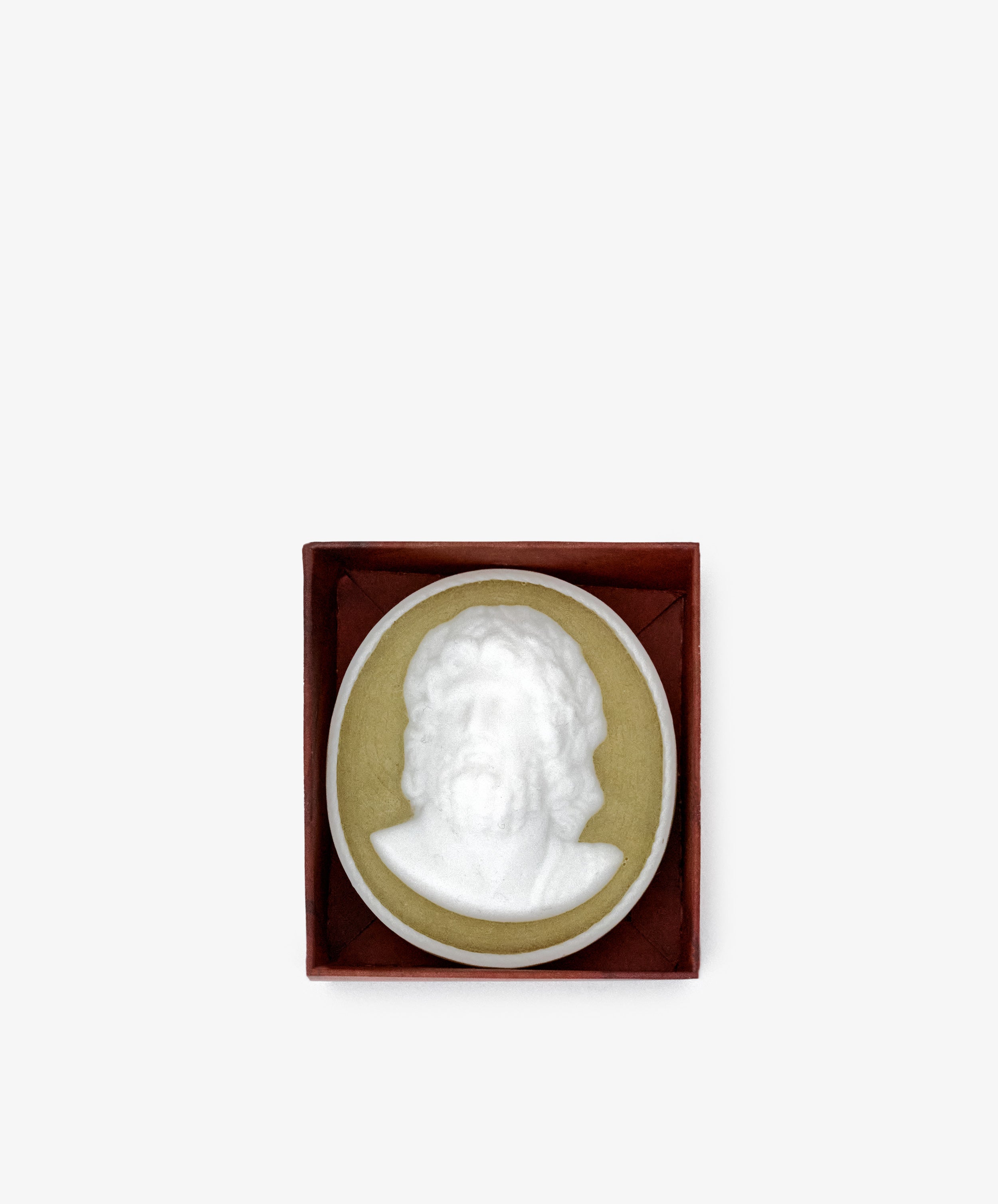 A white cameo brooch depicting a bearded man's bust, inspired by Hercules Soap, is set in a green oval and presented in a brown square box on a plain white background.