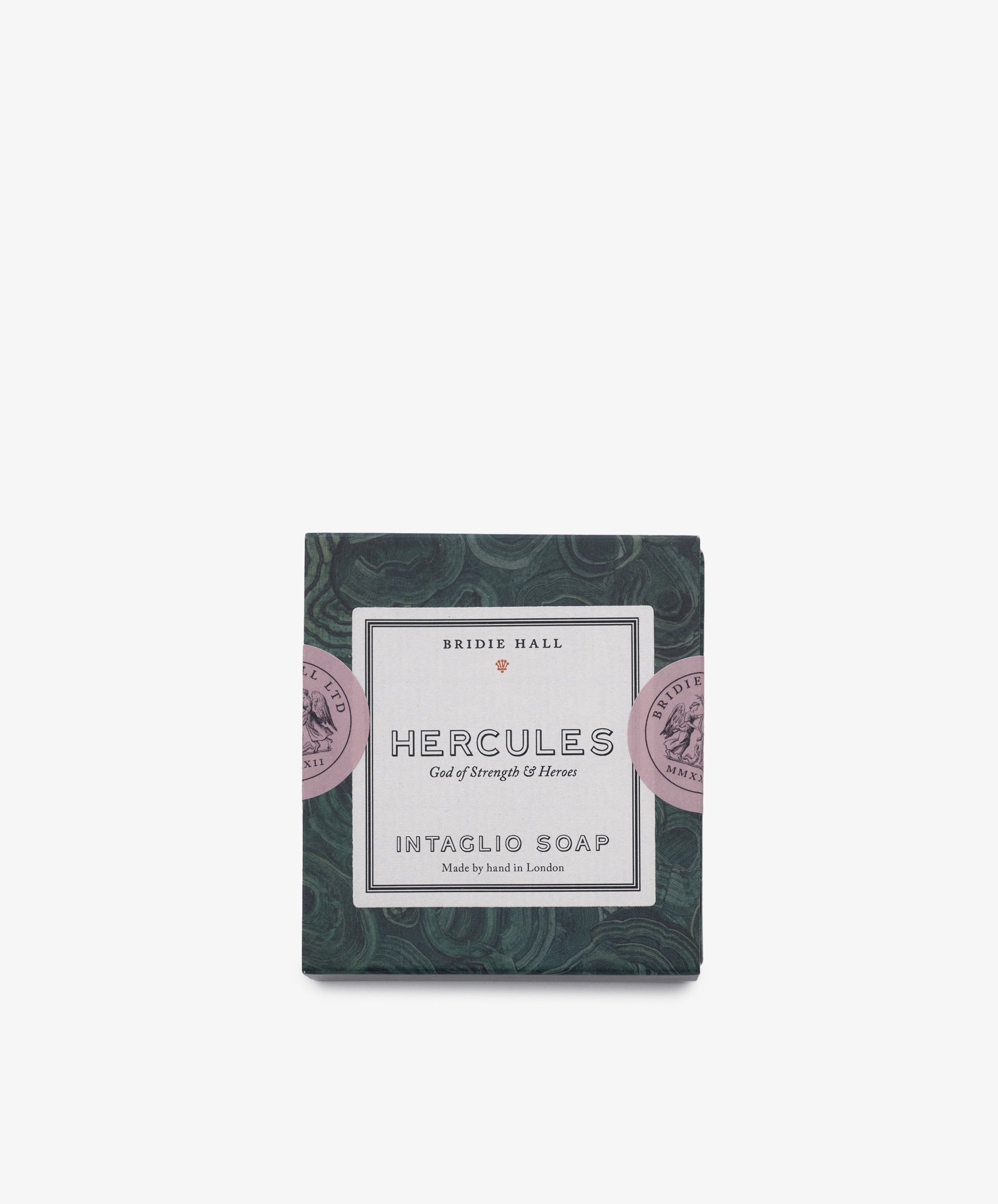 Hercules Soap is hand-poured in London and comes in decorative green and pink packaging labeled 