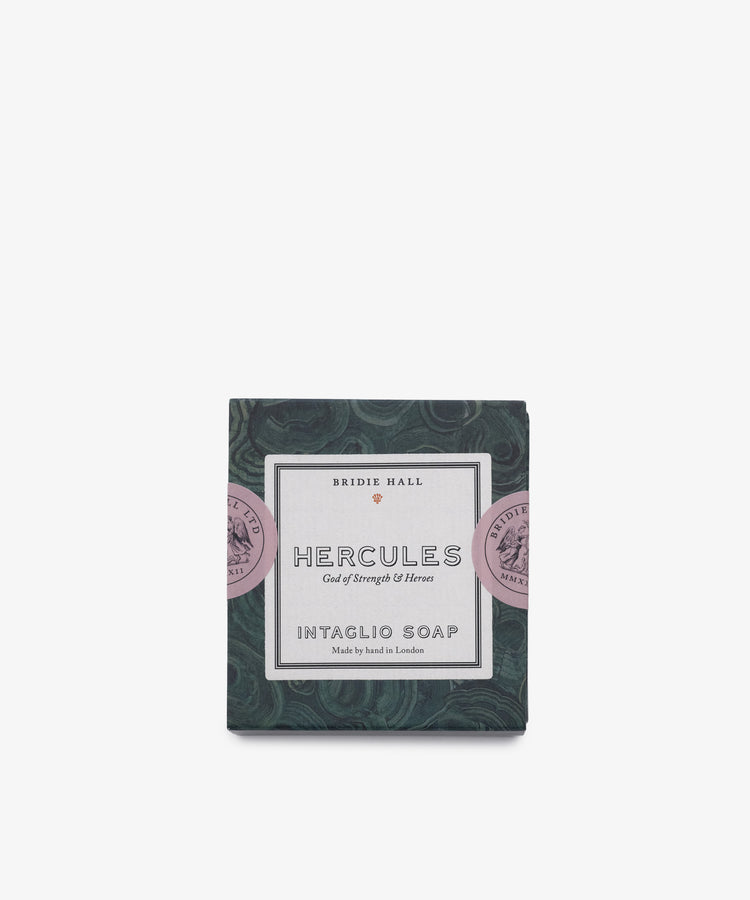 Hercules Soap is hand-poured in London and comes in decorative green and pink packaging labeled 