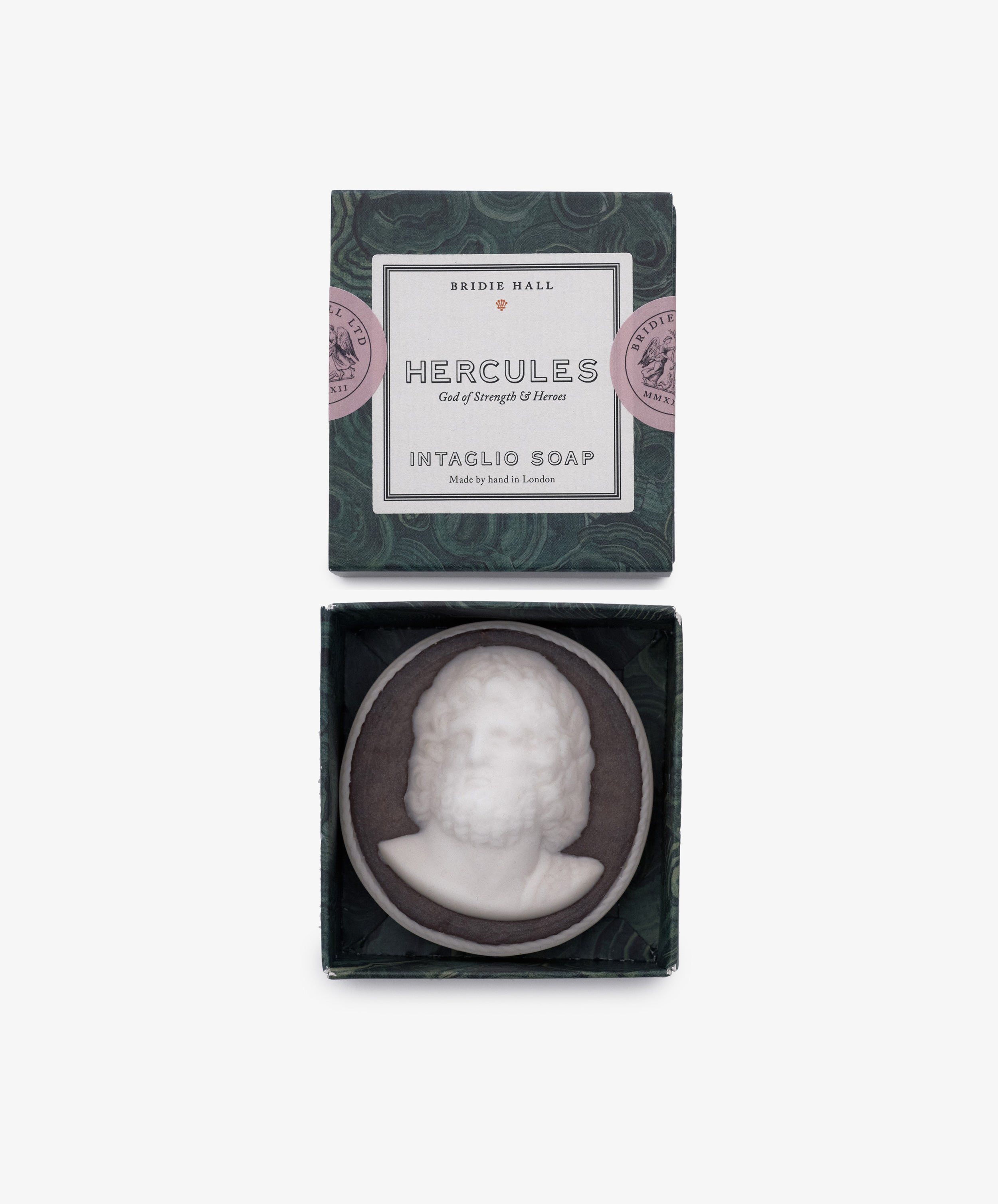 Hercules Soap is a hand-poured white soap from London, molded as a classical male bust—an elegant addition to elevate your bathroom decor.