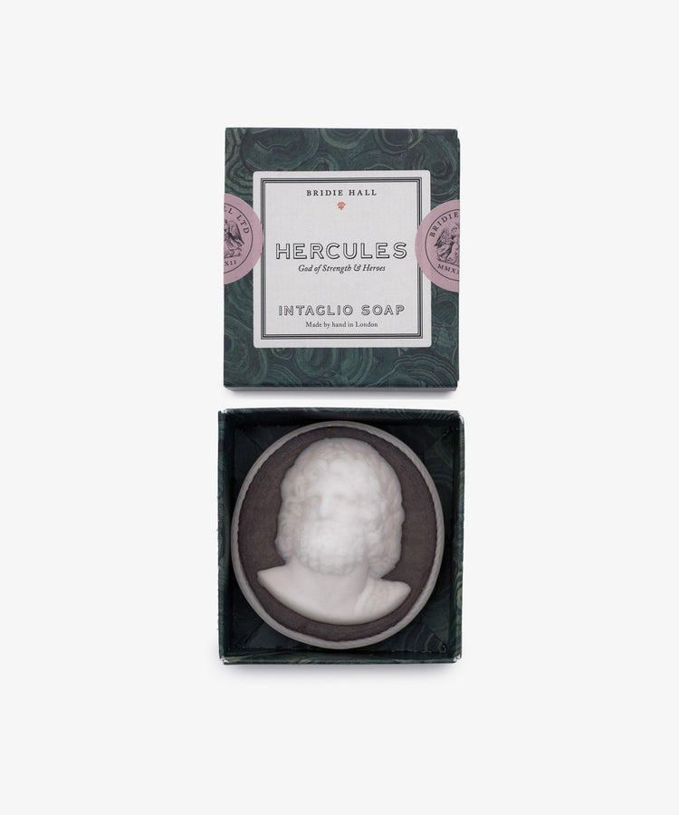 Hercules Soap is a hand-poured white soap from London, molded as a classical male bust—an elegant addition to elevate your bathroom decor.