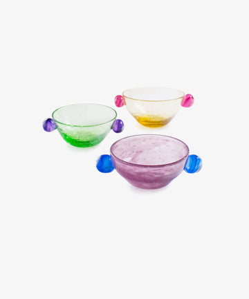 Grouping of 3 Pavot Snack Bowls in multicolored glass.