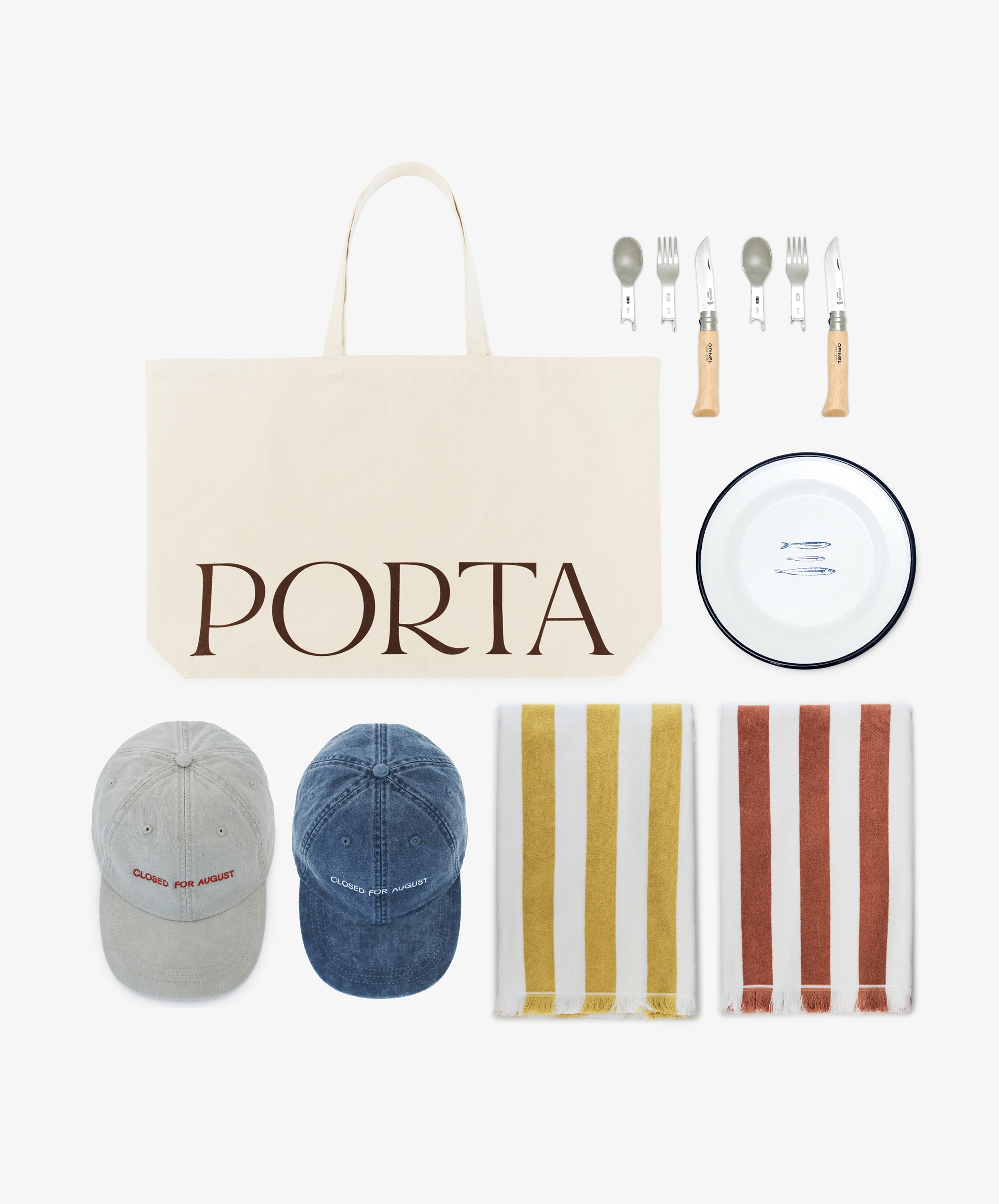 The Pesco Weekender, featuring a beige canvas tote labeled PORTA, two caps, a picnic set with metal plate and cutlery, and two striped cotton towels, is arranged on a white background.