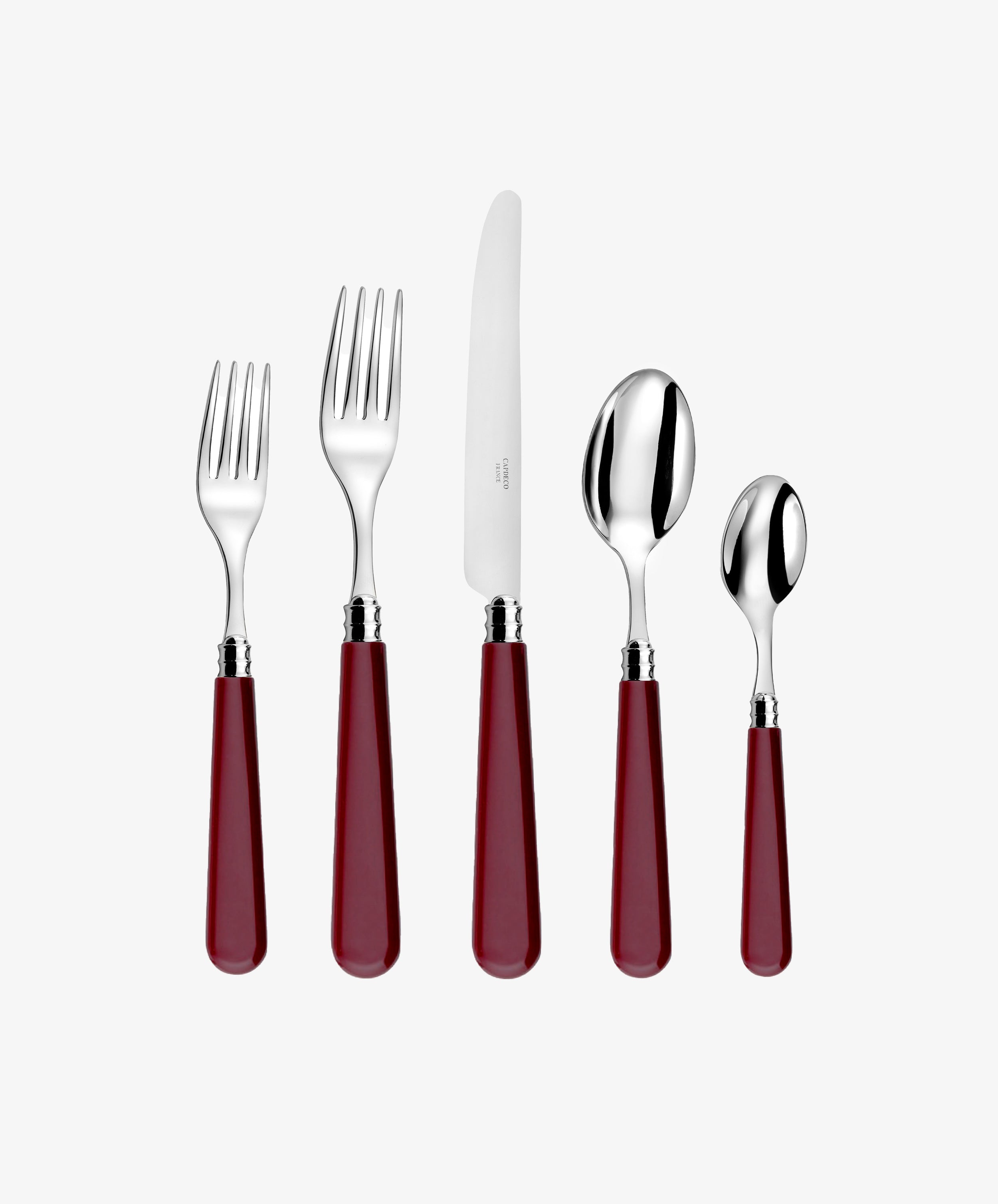 Helios 5 Piece Place Setting. Set with dinner and dessert fork, knife, soup and teaspoon in stainless steel with burgundy handles.