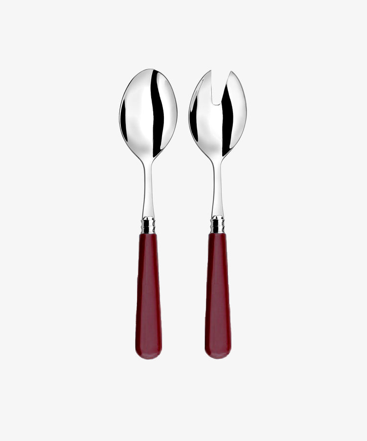 Helios Salad Servers. Two piece set in stainless steel with burgundy handles.