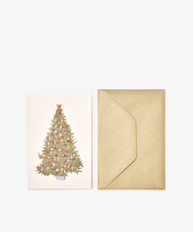 The Natale Card, Set of 10, features decorated Christmas trees with gold-colored envelopes on a white background—perfect for sending festive holiday greetings.