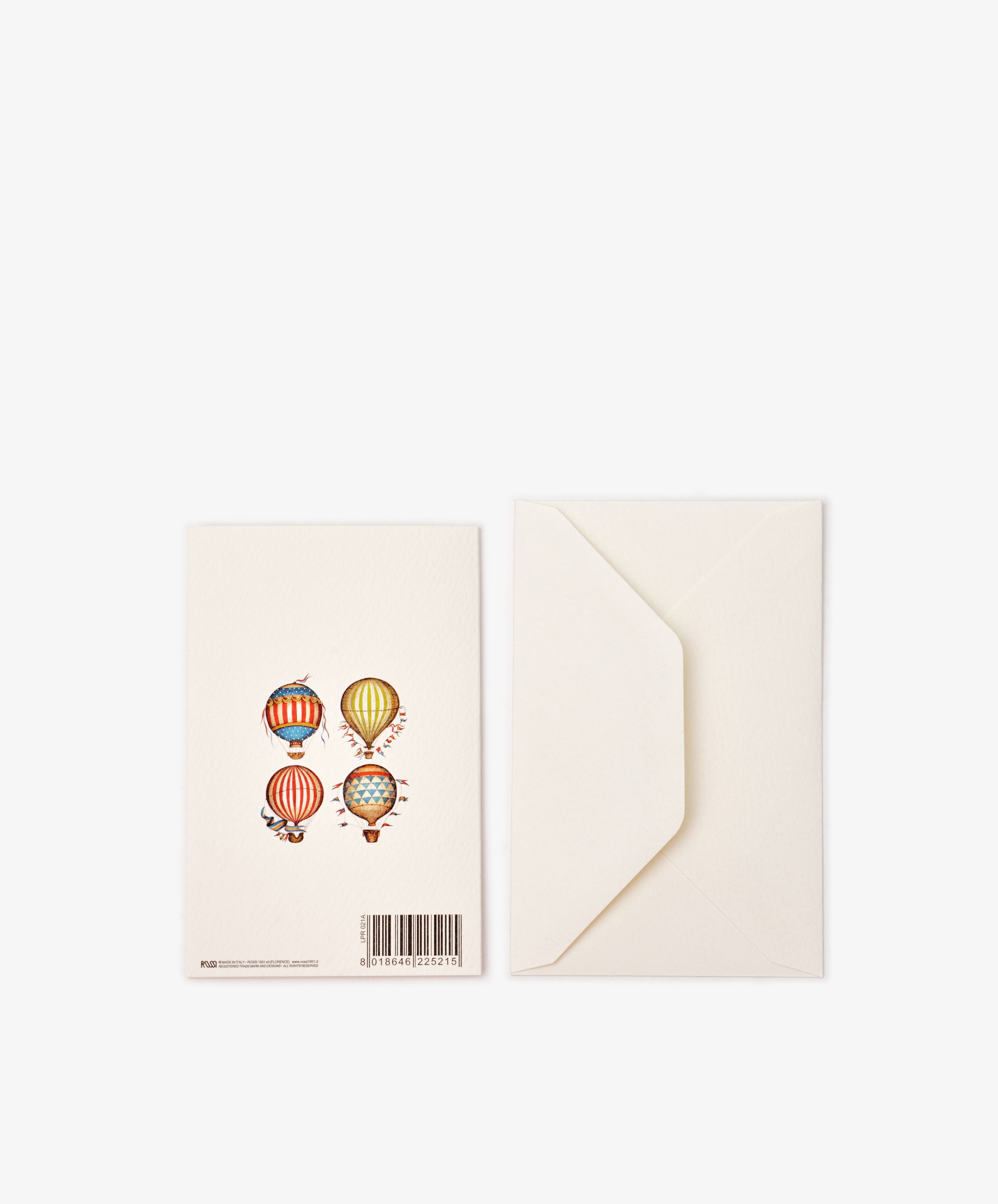 The Palloncino Card & Envelope, Set of 12, includes illustrated greeting cards with four hot air balloons above a barcode and matching plain envelopes—ideal for fans of unique hot air balloon cards and Italian stationery.