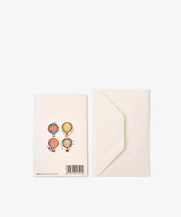The Palloncino Card & Envelope, Set of 12, includes illustrated greeting cards with four hot air balloons above a barcode and matching plain envelopes—ideal for fans of unique hot air balloon cards and Italian stationery.