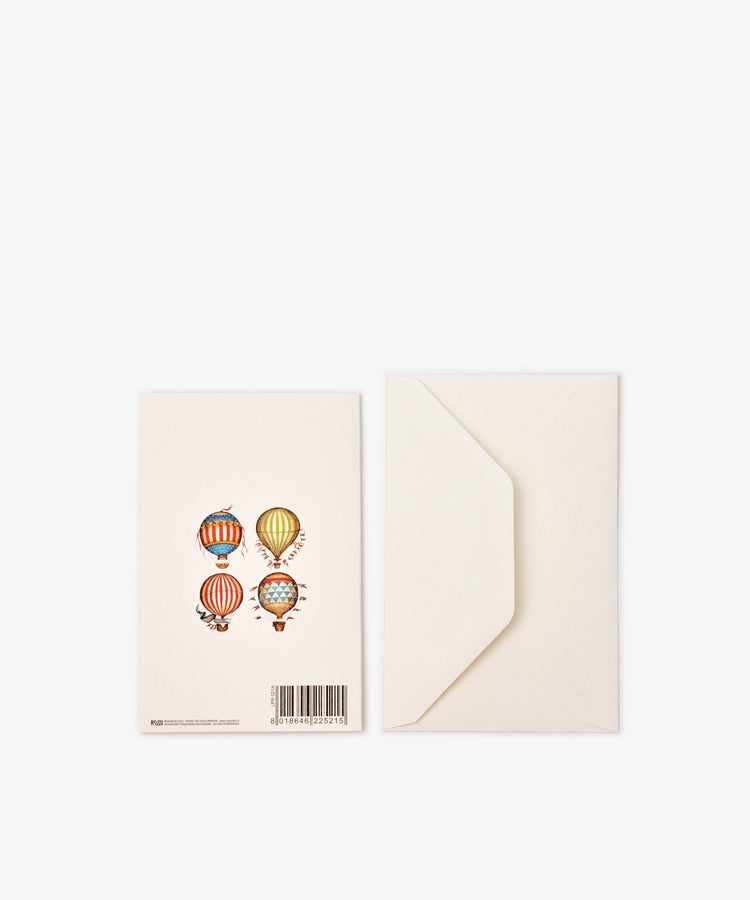The Palloncino Card & Envelope, Set of 12, includes illustrated greeting cards with four hot air balloons above a barcode and matching plain envelopes—ideal for fans of unique hot air balloon cards and Italian stationery.