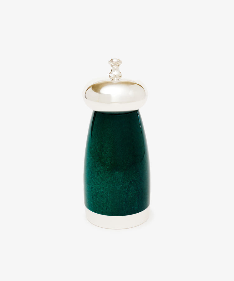 The Giorgio Pepper Mill boasts a polished green and silver finish, rounded top, and elegant Italian design, shown on a plain white background.