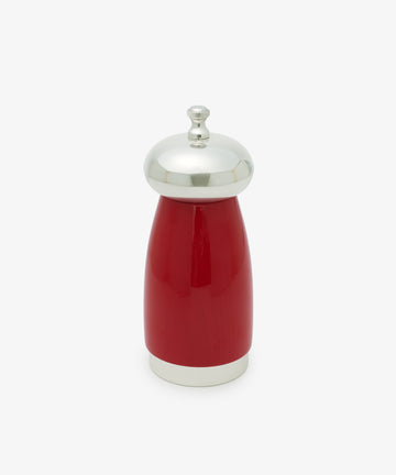 The Giorgio Pepper Mill, with its red and silver finish, rounded top, and metallic accents, showcases Italian design flair against a plain white background.