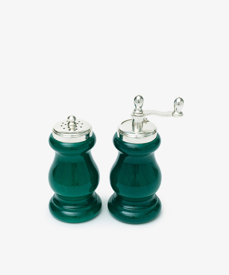 The Giorgia Pepper Mill and Salt Shaker, both green with silver tops and featuring a precise grinding mechanism, are displayed side by side on a white background.