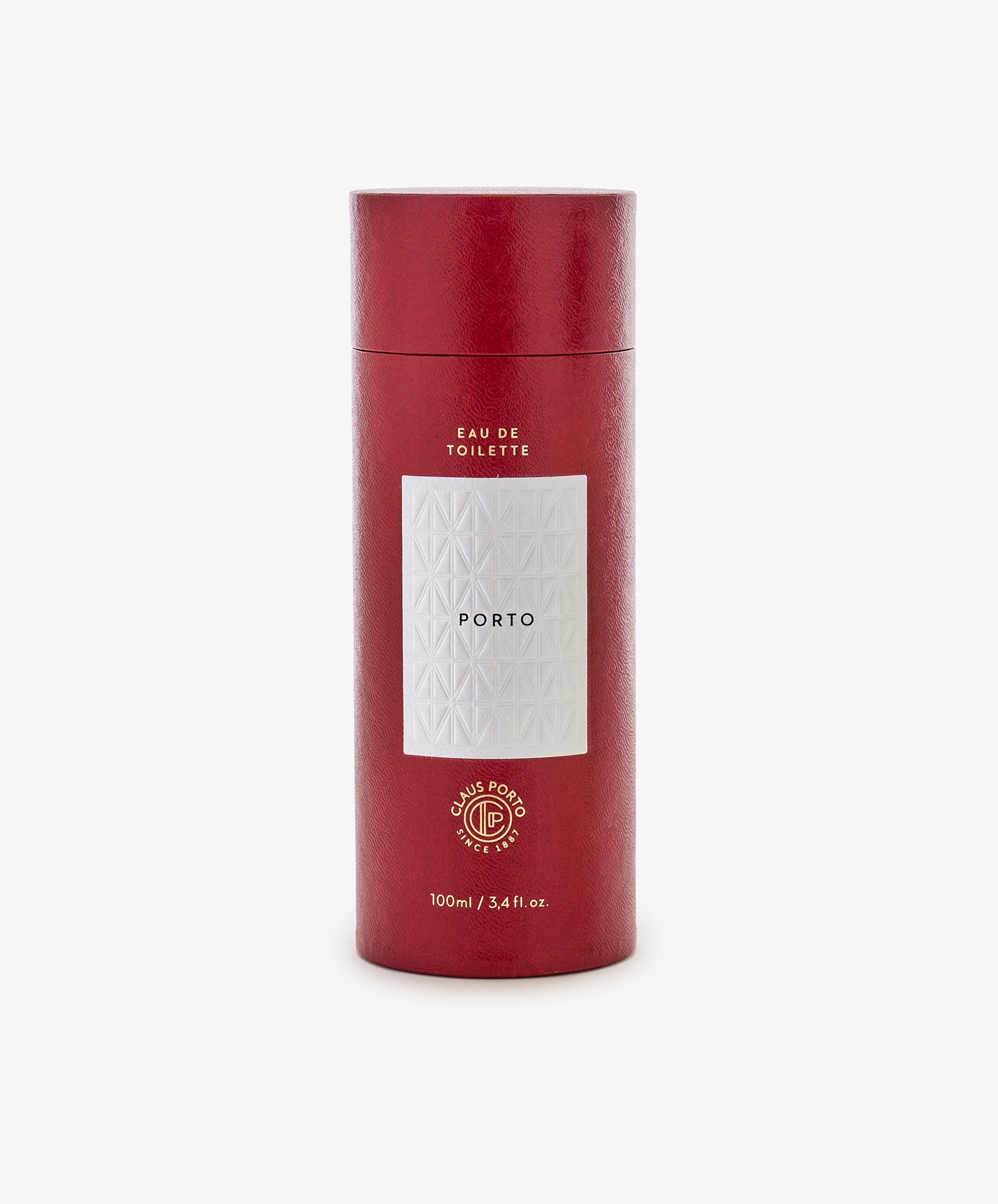 The Porto Eau de Toilette comes in a red cylindrical container with a white geometric pattern and offers a crisp citrus fragrance in a 100ml size.