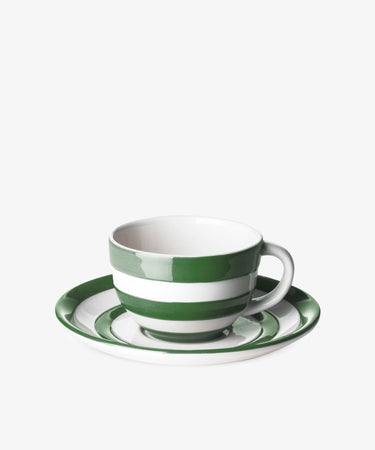 The Betty Breakfast Cup & Saucer Set, featuring green and white stripes inspired by UK West Country pottery, is displayed against a plain white background.