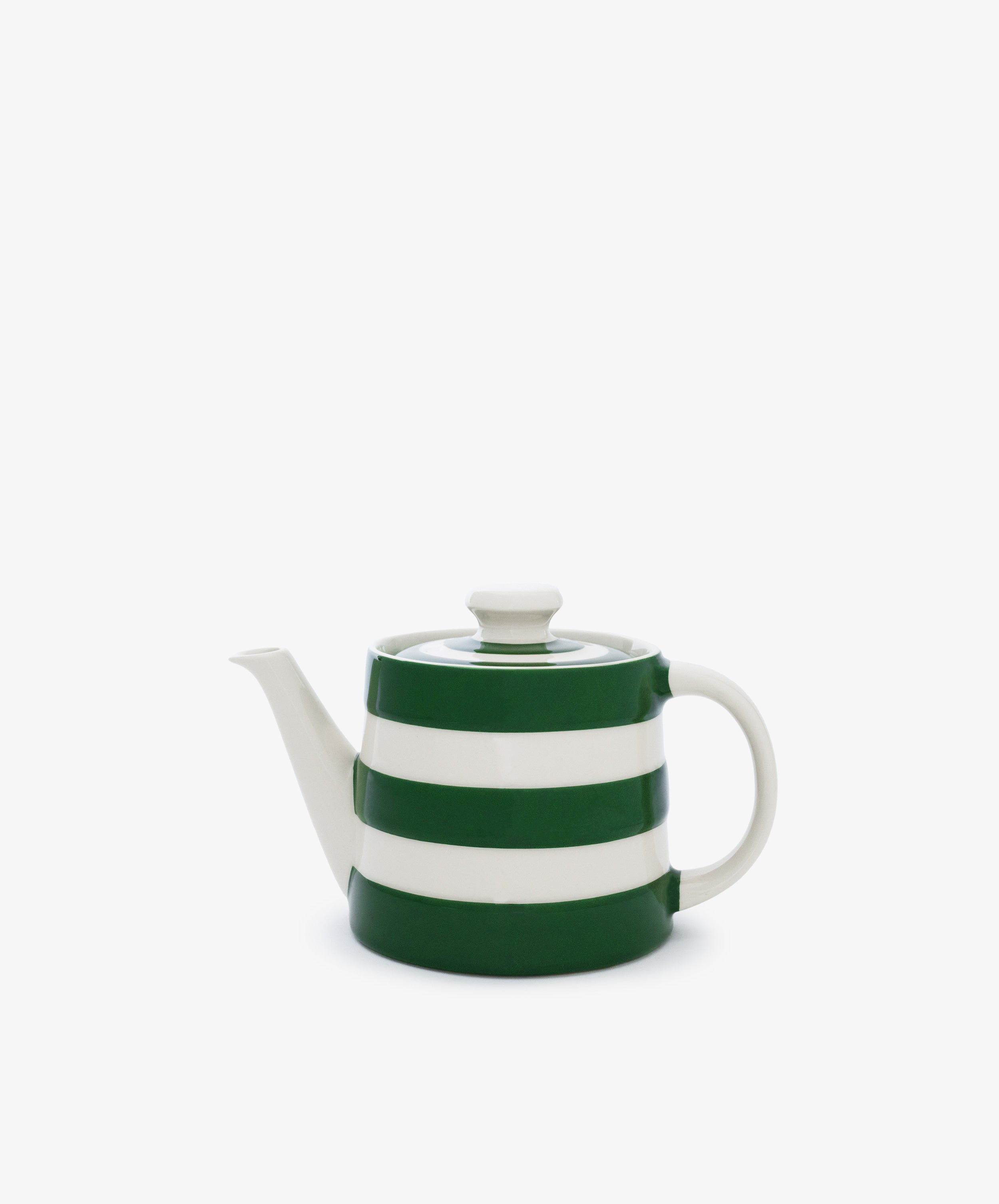 The Classic Teapot features horizontal green and white stripes, a curved spout, and a handle, making it an essential kitchen staple. Shown on a plain white background.