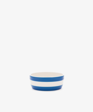 Betty Dip Dish: small white ceramic condiment dish with two bold horizontal blue stripes, shown on a plain white background.