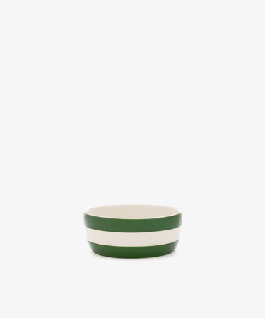 The Betty Dip Dish is a small ceramic bowl with green and white stripes, ideal as a striped pottery condiment dish on any table setting.