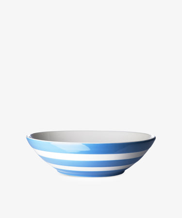 Betty Large Serving Bowl by T.G. Green. Wide, shallow Cornish stoneware bowl with blue and white stripes.