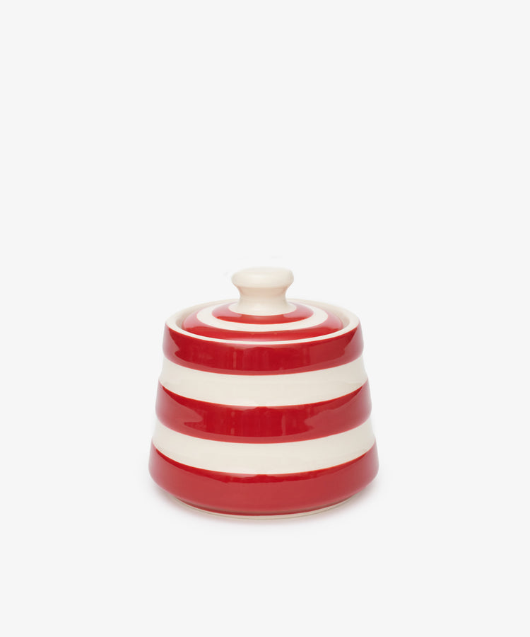 Betty Sugar Bowl with Lid in Cornish Red. Side view.