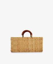 Reed Basket with Leather Handles, rectangular in shape and featuring a single short handle wrapped in brown leather, displayed against a plain white background.