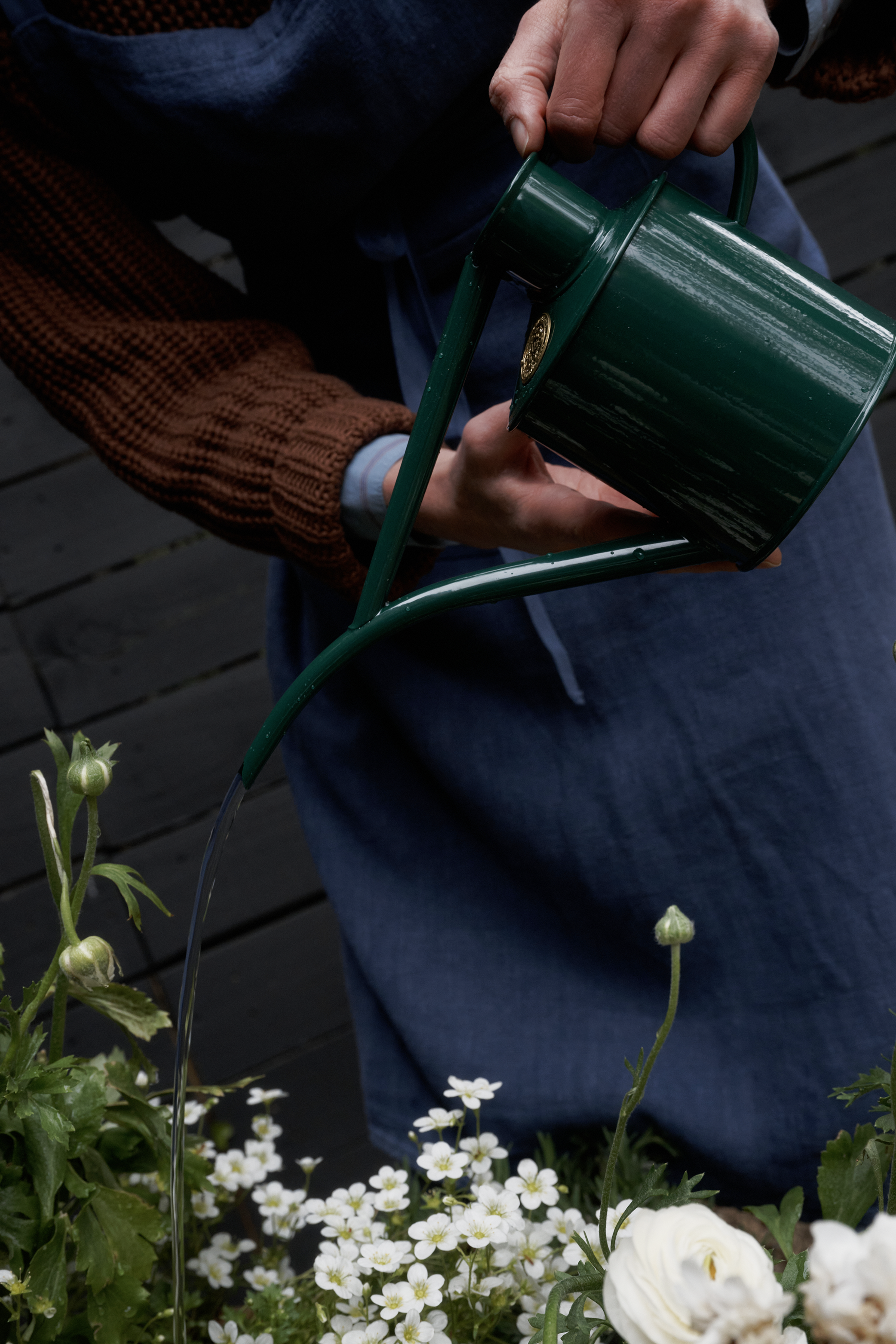 A person in a blue apron and brown sweater waters white flowers with The Fazeley Flow Watering Can, a green metal can with a long narrow spout designed for precision watering of houseplants.