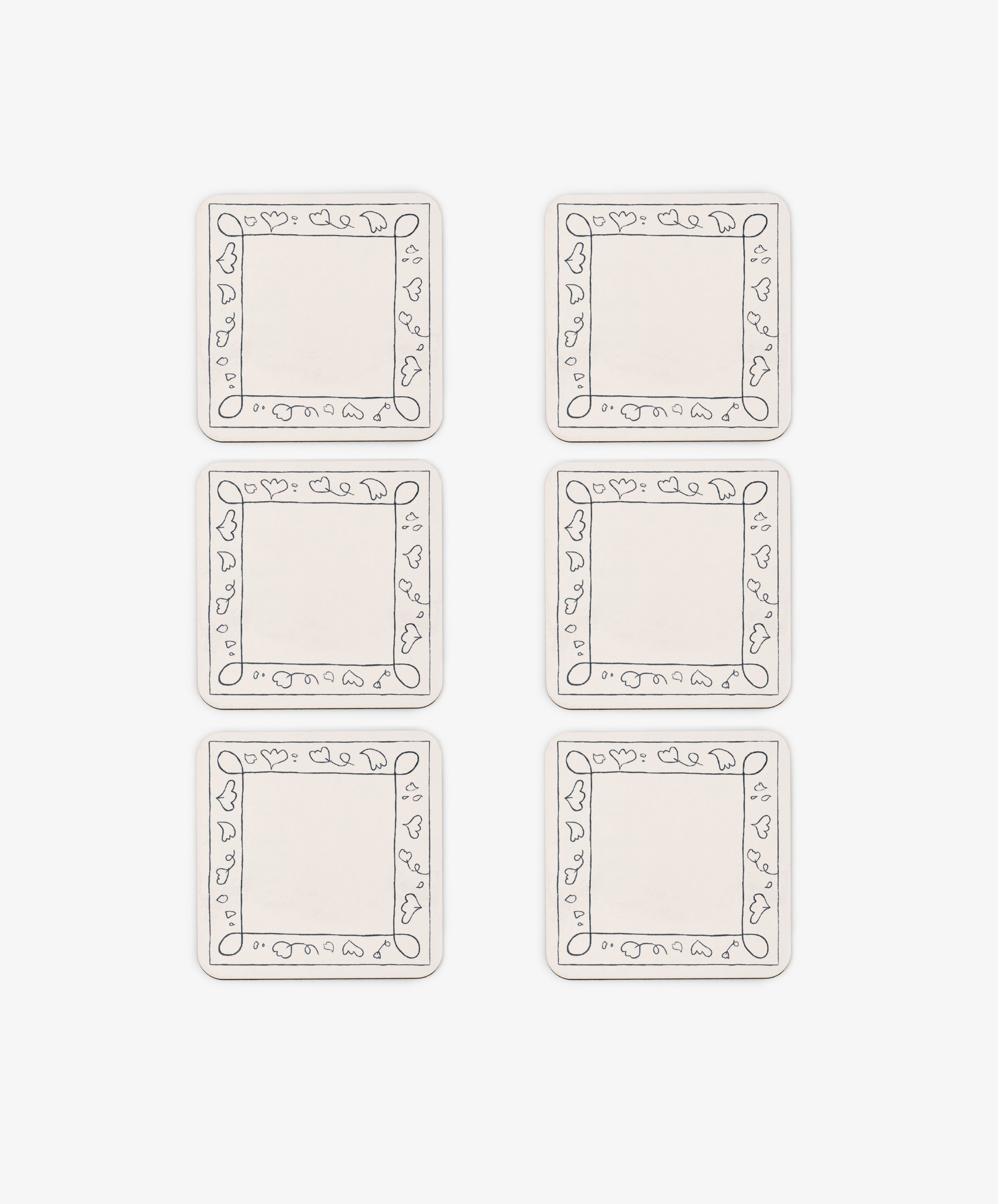 The Capriccio Coaster Set of 6 features square coasters with simple black line art borders of leaves and shapes, arranged in two columns and three rows on a white background—ideal for adding a playful touch to your home decor.