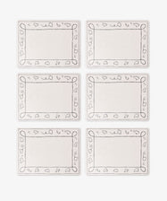 Set of 6 Capriccio Placemats with decorative black loop and leaf borders, arranged in two rows of three on a white background—ideal for stylish table décor from PORTA home.