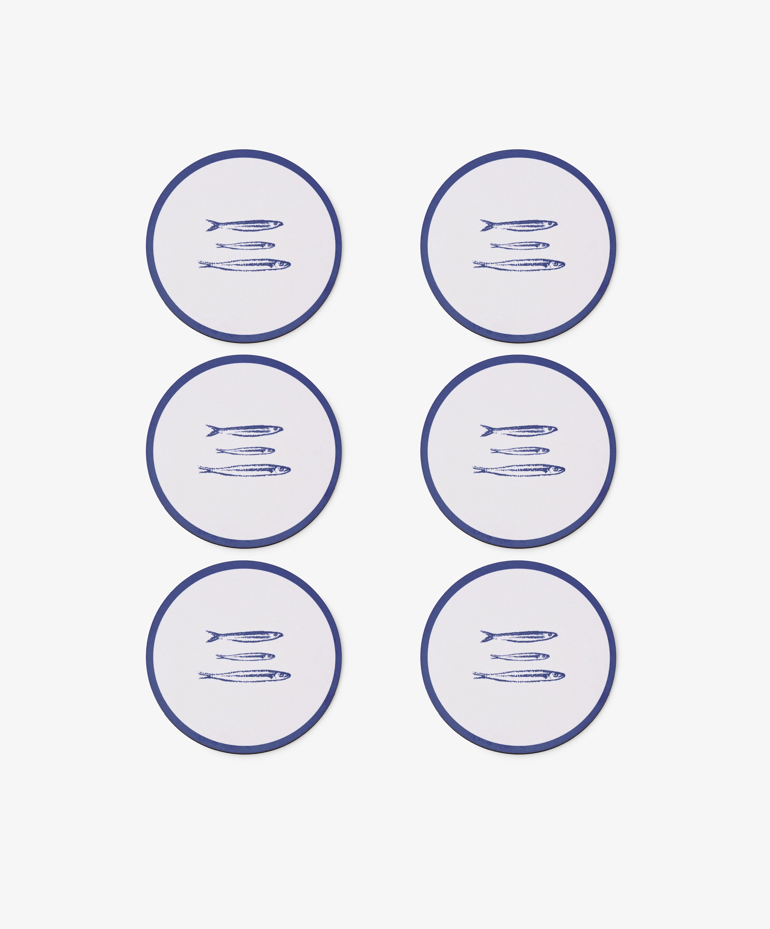 The Costa Coaster Set of 6 features round drink coasters with blue borders, each displaying an illustration of three sardines arranged in two columns of three on a white background.