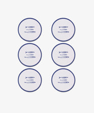 The Costa Coaster Set of 6 features round drink coasters with blue borders, each displaying an illustration of three sardines arranged in two columns of three on a white background.