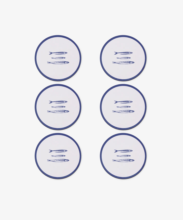 The Costa Coaster Set of 6 features round drink coasters with blue borders, each displaying an illustration of three sardines arranged in two columns of three on a white background.
