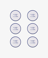 The Costa Coaster Set of 6 features round coasters with blue fish designs, arranged in two columns on a white background to add a chic touch to any table.