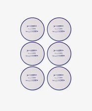 Set of six Costa Placemats featuring white, round designs with blue edges and a trio of fish illustrations—ideal for playful summer table decor or pairing with sardine-themed accents.