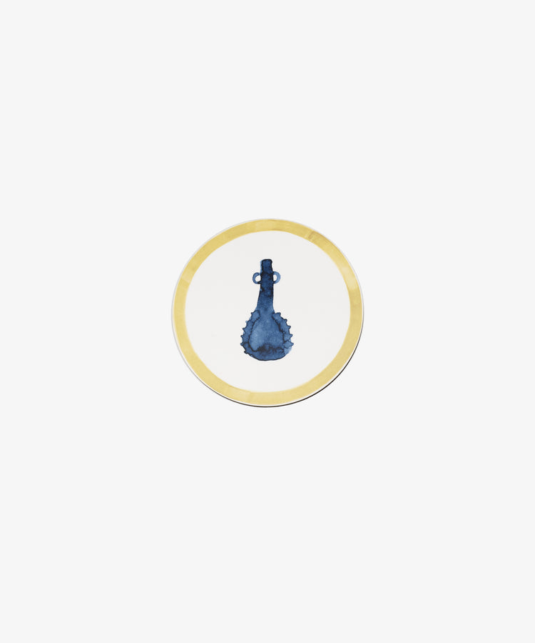 Single round melamine coaster with yellow painted border and blue vessel illustration.