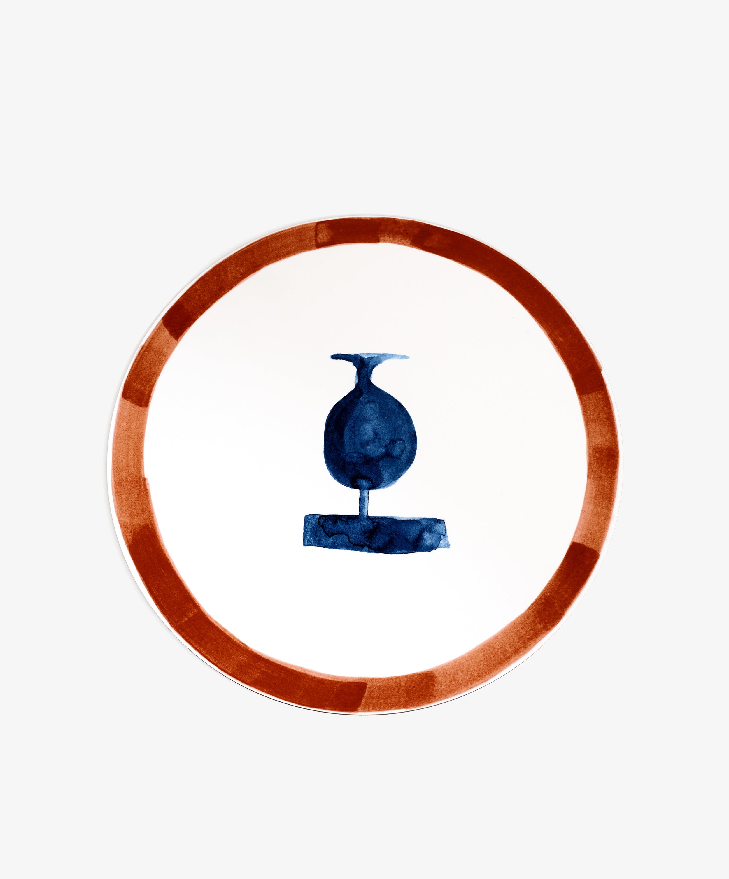 Single round melamine placemat with rust red painted border and blue vessel illustration.