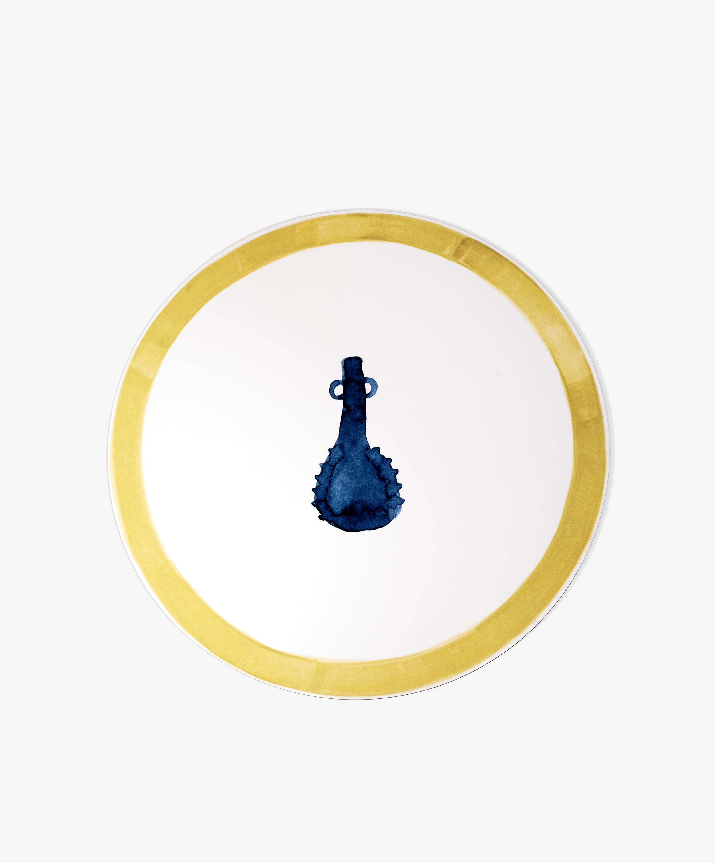 Single round melamine placemat with yellow painted border and blue vessel illustration, alt.