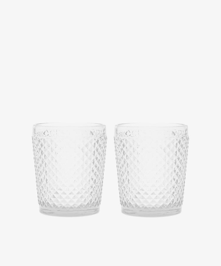 Celeste Water Glass. Two transparent tumbler glasses with diamond cut surface.