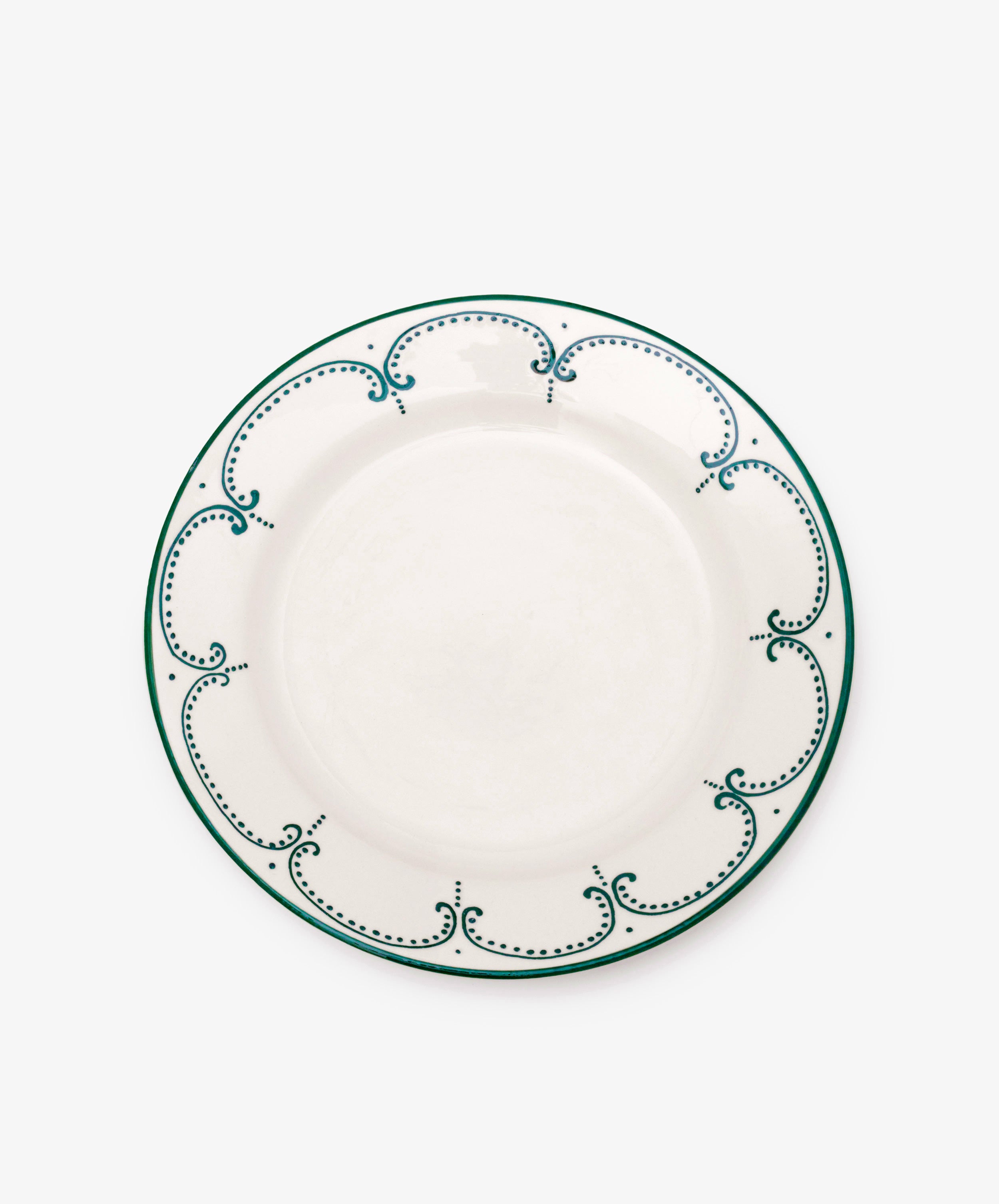 The Arco Dinner Plate, Set of 4, features handmade white ceramic plates with decorative green and blue patterned borders, showcasing a beautiful traditional Portuguese design, shown from above on a plain white background.