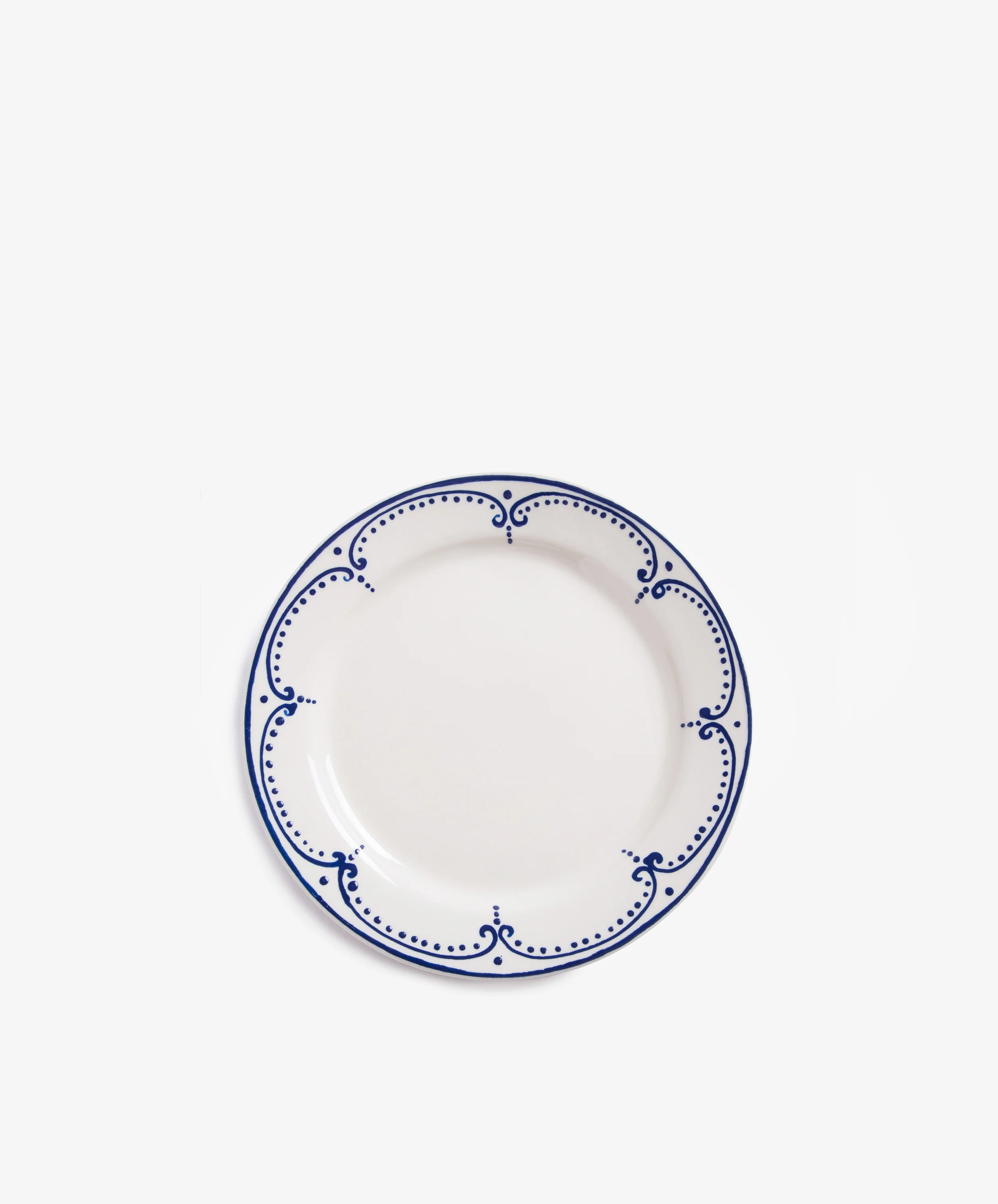 The Arco Small Plate, Set of 4, features white ceramic plates with blue dotted and curved line borders in a traditional Portuguese style, displayed against a plain white background.
