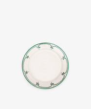 The Arco Small Plate, Set of 4, features white ceramic plates with a green decorative border, shown on a plain white background.