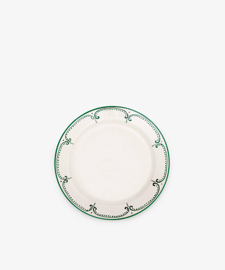 The Arco Small Plate, Set of 4, features white ceramic plates with a green decorative border, shown on a plain white background.