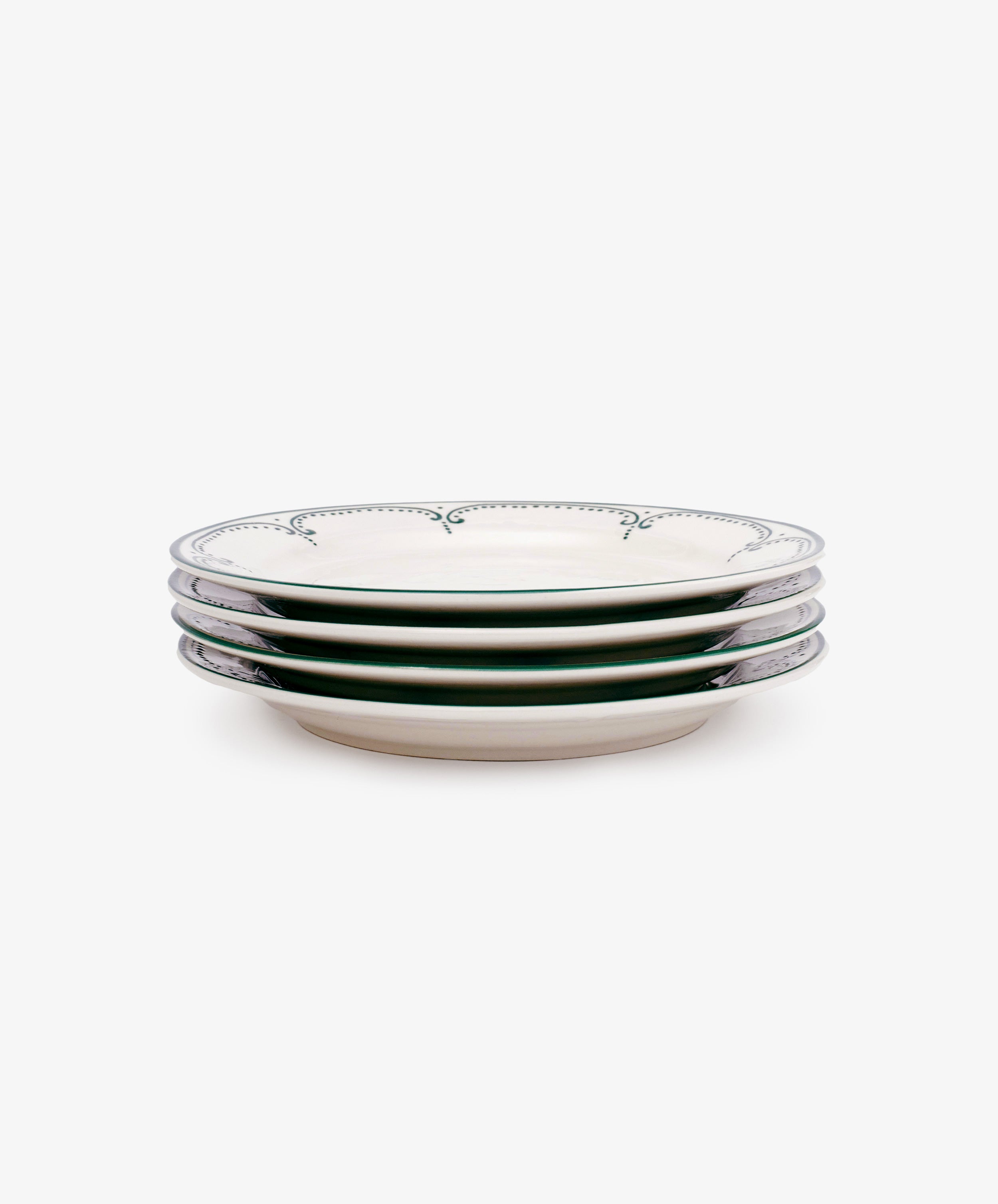 Set of 4 Arco Small Plates with decorative rims, stacked against a plain white background. Their traditional design evokes the charm of classic Portuguese tableware.