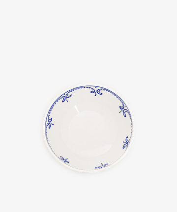 Set of 4 Arco Cereal Bowls: white ceramic with a shallow center and blue decorative rim, featuring a traditional design inspired by classic Portuguese bowls. Shown on a plain white background.