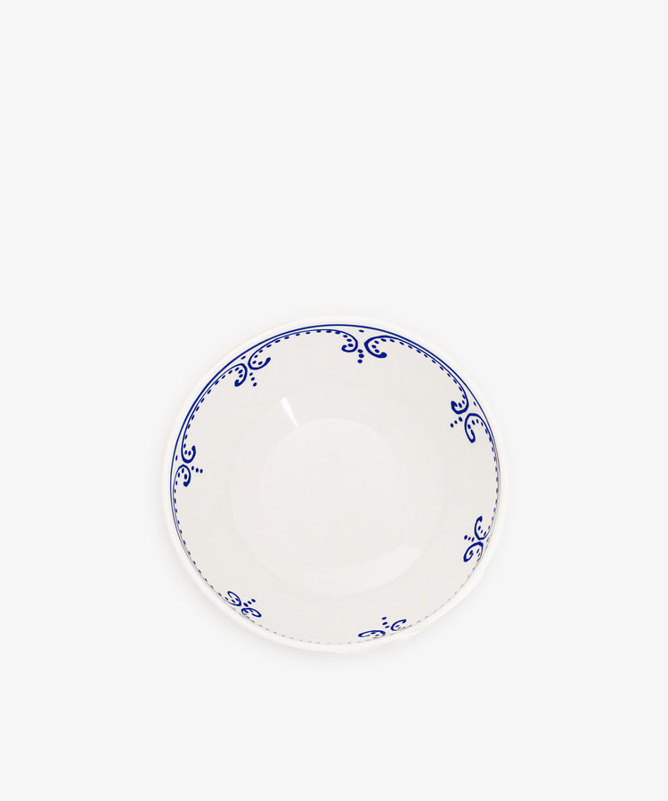 Set of 4 Arco Cereal Bowls: white ceramic with a shallow center and blue decorative rim, featuring a traditional design inspired by classic Portuguese bowls. Shown on a plain white background.